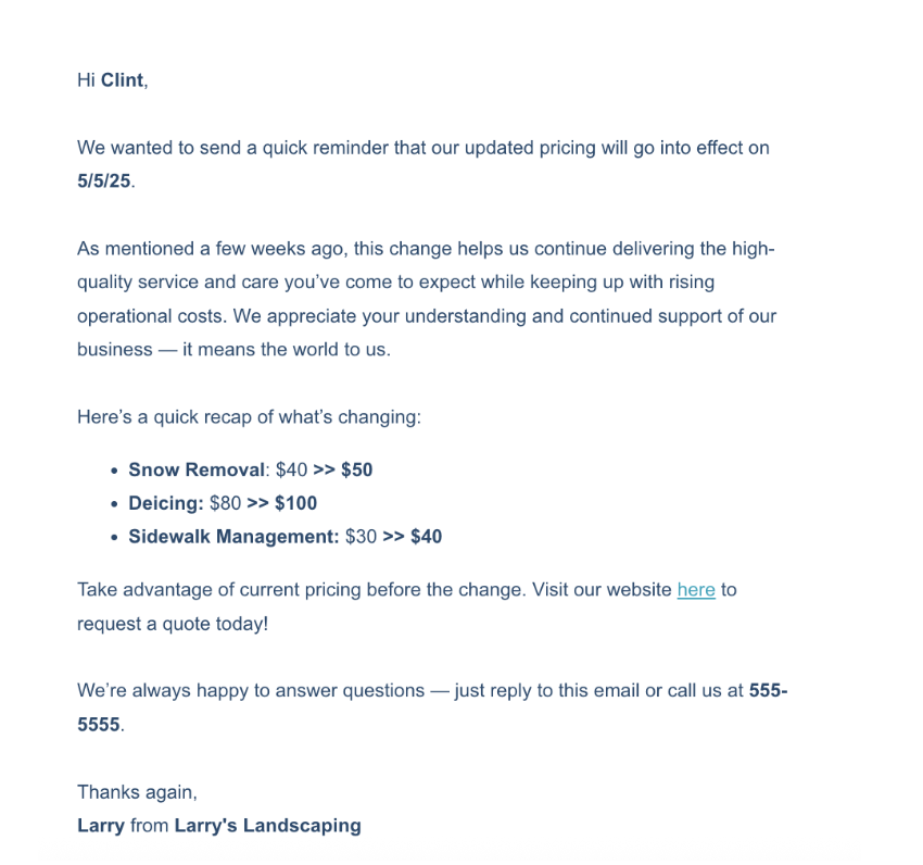 how to tell customers about a price increase example email